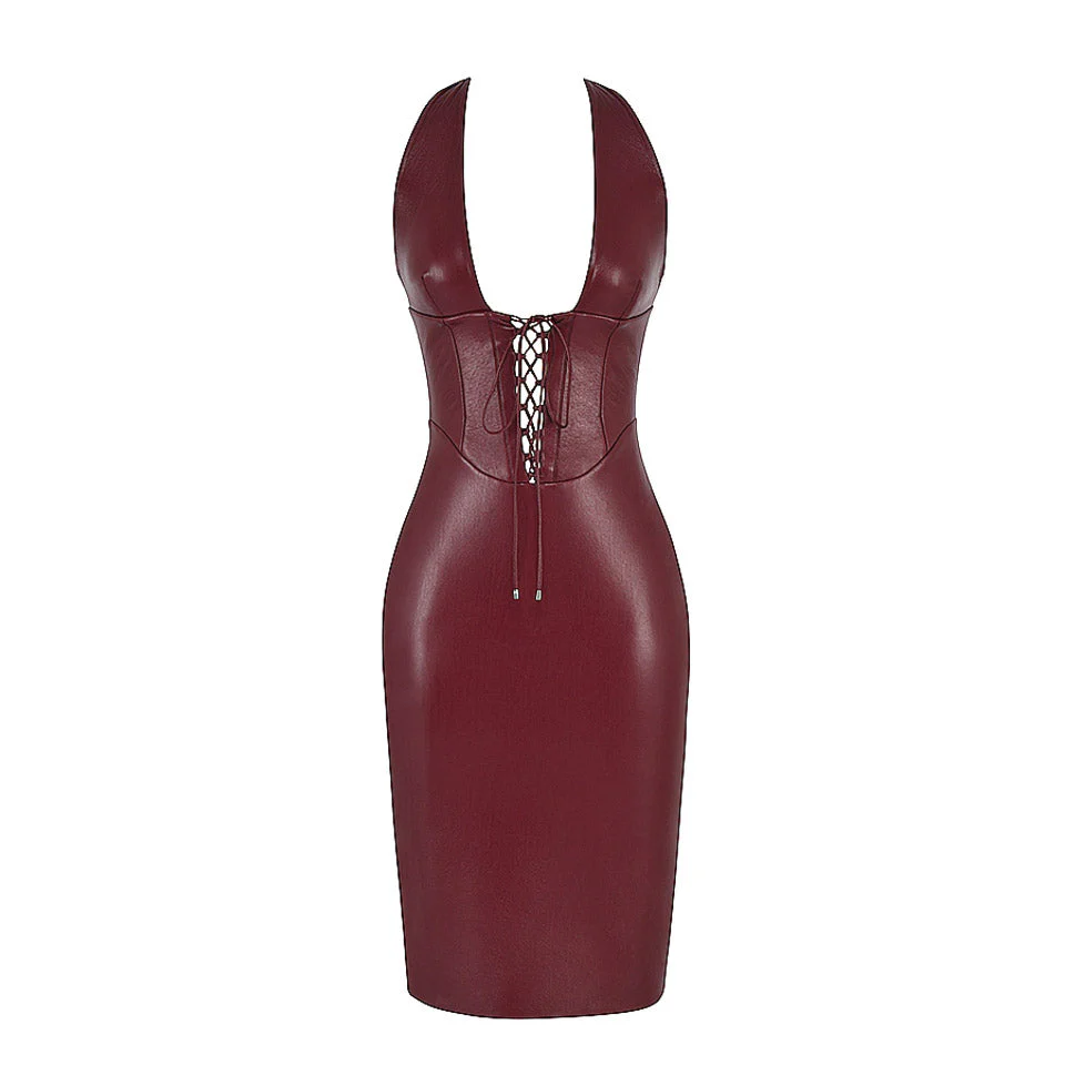 CHIYO Lace UP PU LEATHER BURGUNDY MIDI Dress - Image 8
