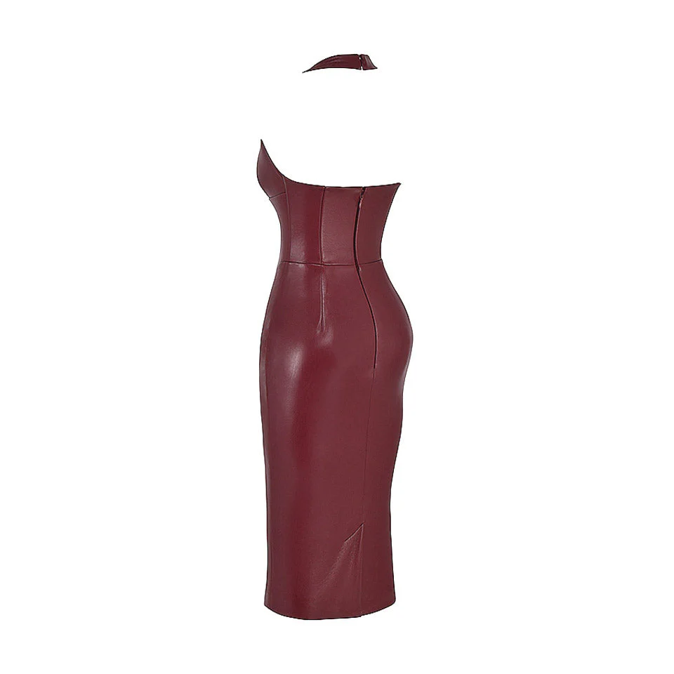 CHIYO Lace UP PU LEATHER BURGUNDY MIDI Dress - Image 9