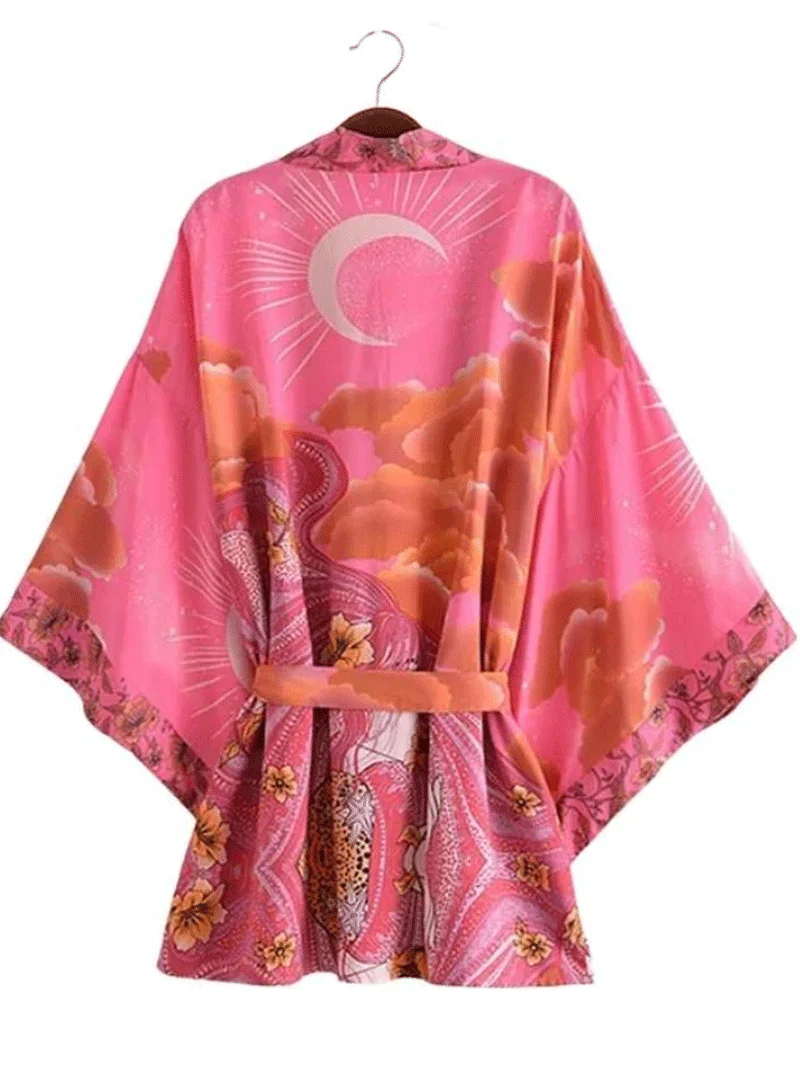Short Length Floral Print Pink Color Cotton Gown Robe Kimono Duster Robe - Image 2