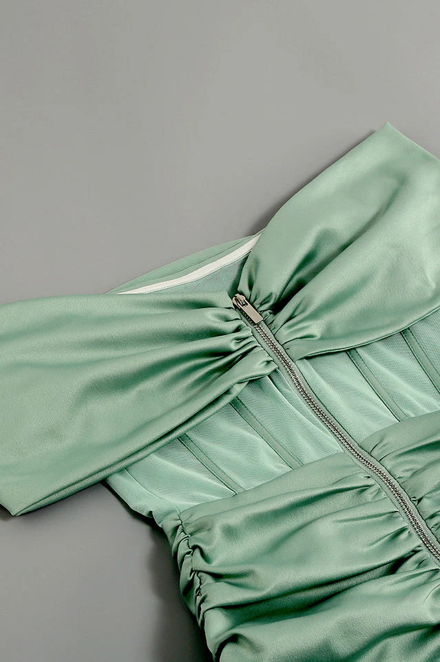 Kendal Basil Satin Draping Off Shoulder Corset Dress - Image 12