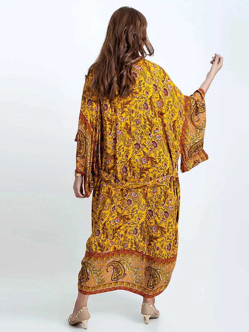 Bridal Party Wear Floral Print Yellow Cotton Long Kimono Dressing Gown - Image 2