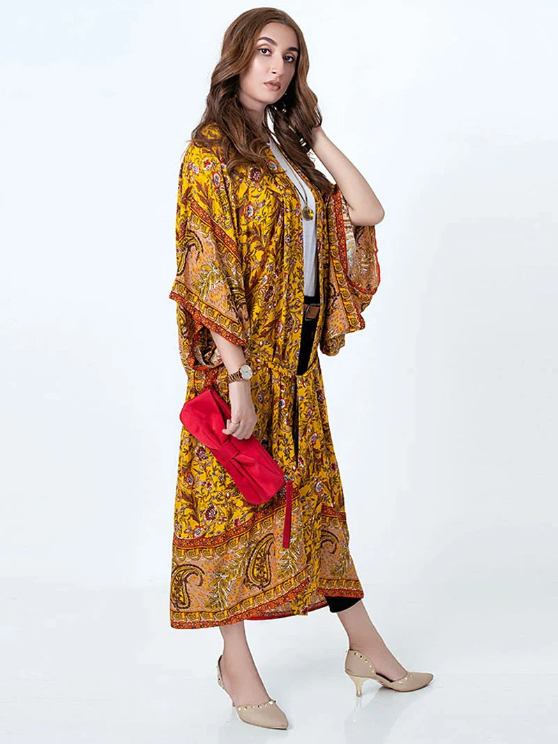 Bridal Party Wear Floral Print Yellow Cotton Long Kimono Dressing Gown - Image 4