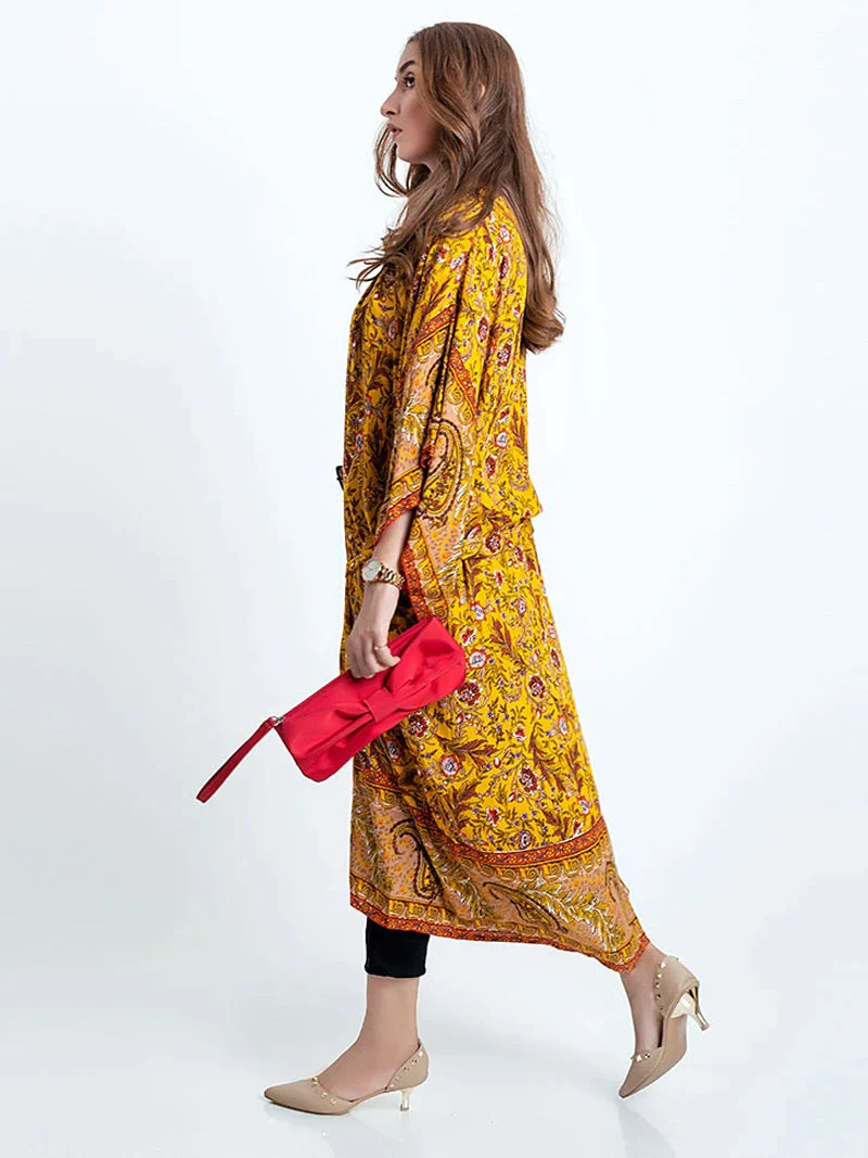 Bridal Party Wear Floral Print Yellow Cotton Long Kimono Dressing Gown - Image 5
