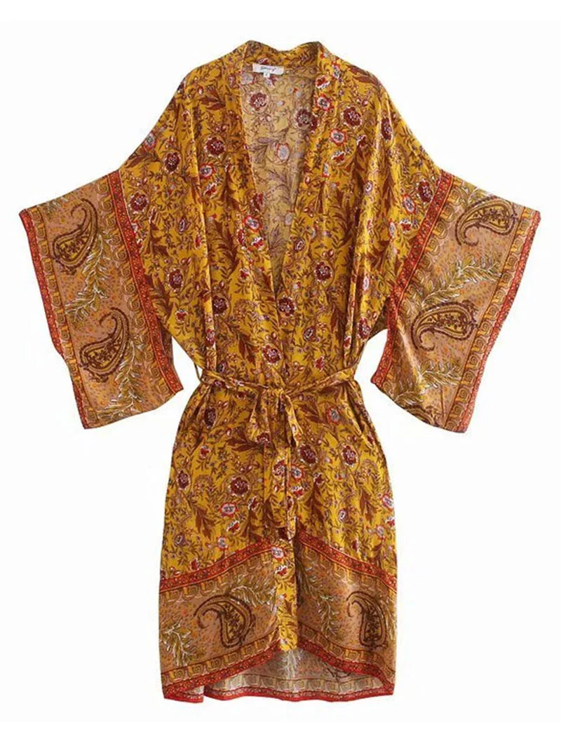 Bridal Party Wear Floral Print Yellow Cotton Long Kimono Dressing Gown - Image 6