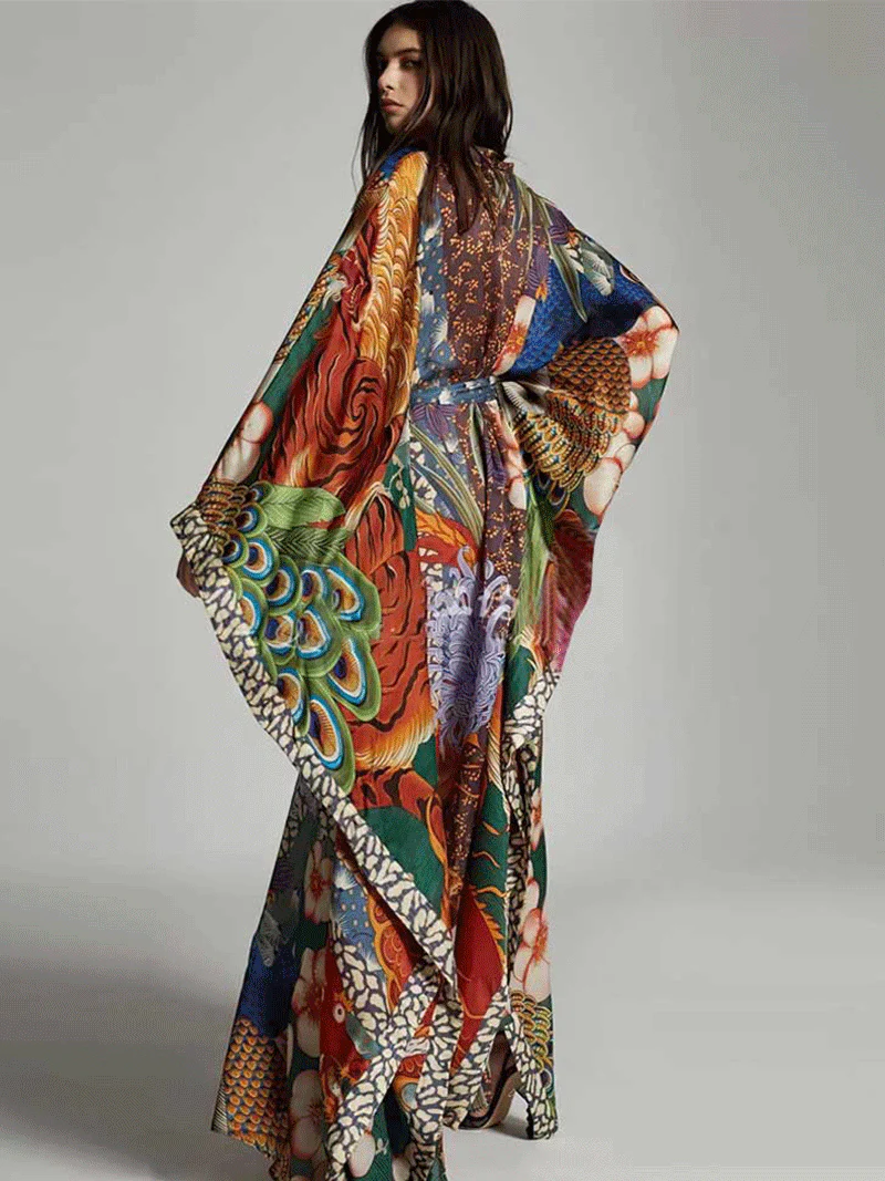Partywear Peacock Print Polyester Long Kimono Duster - Image 3