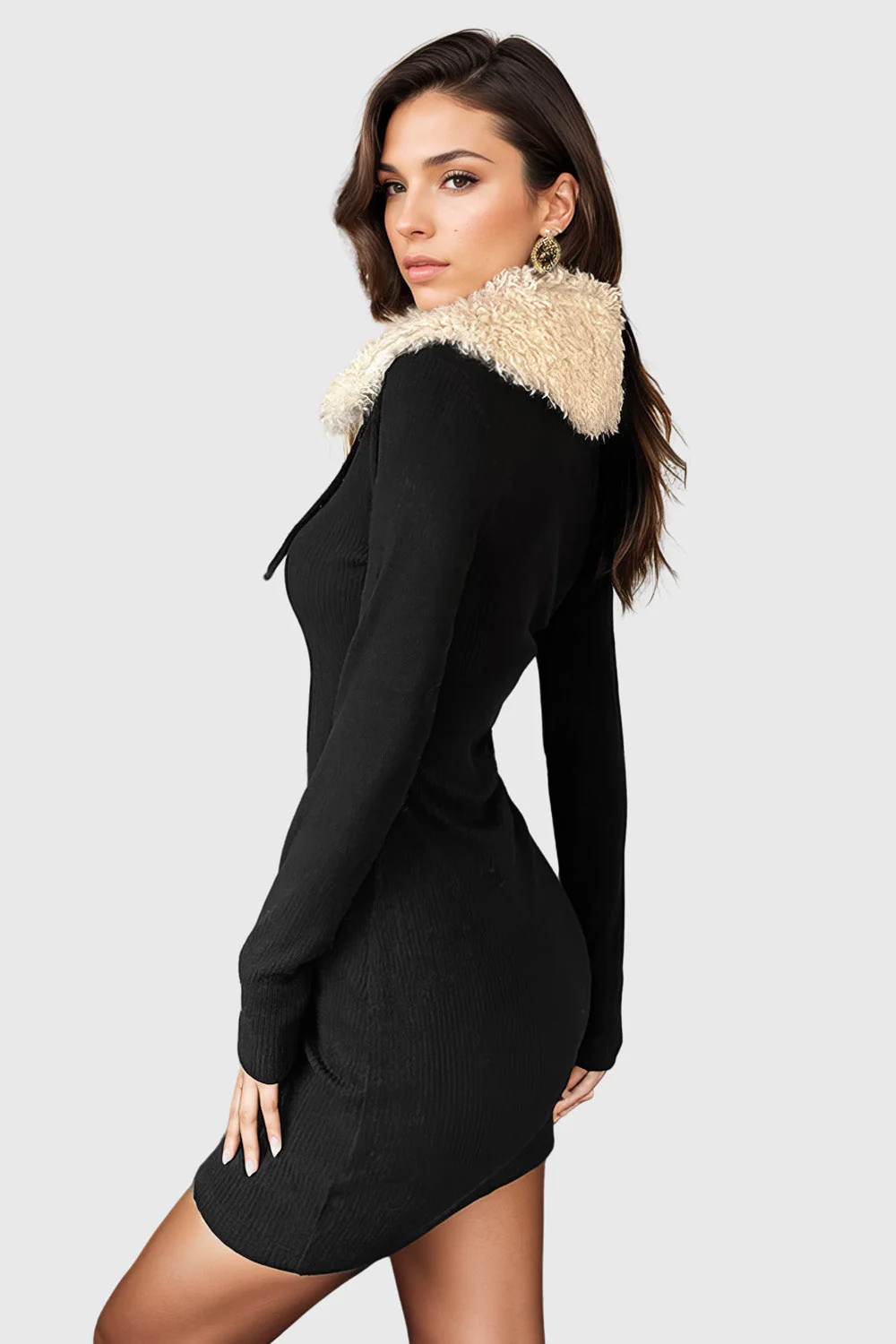 Knitted Short Dress with Fur Collar - Black - Image 2