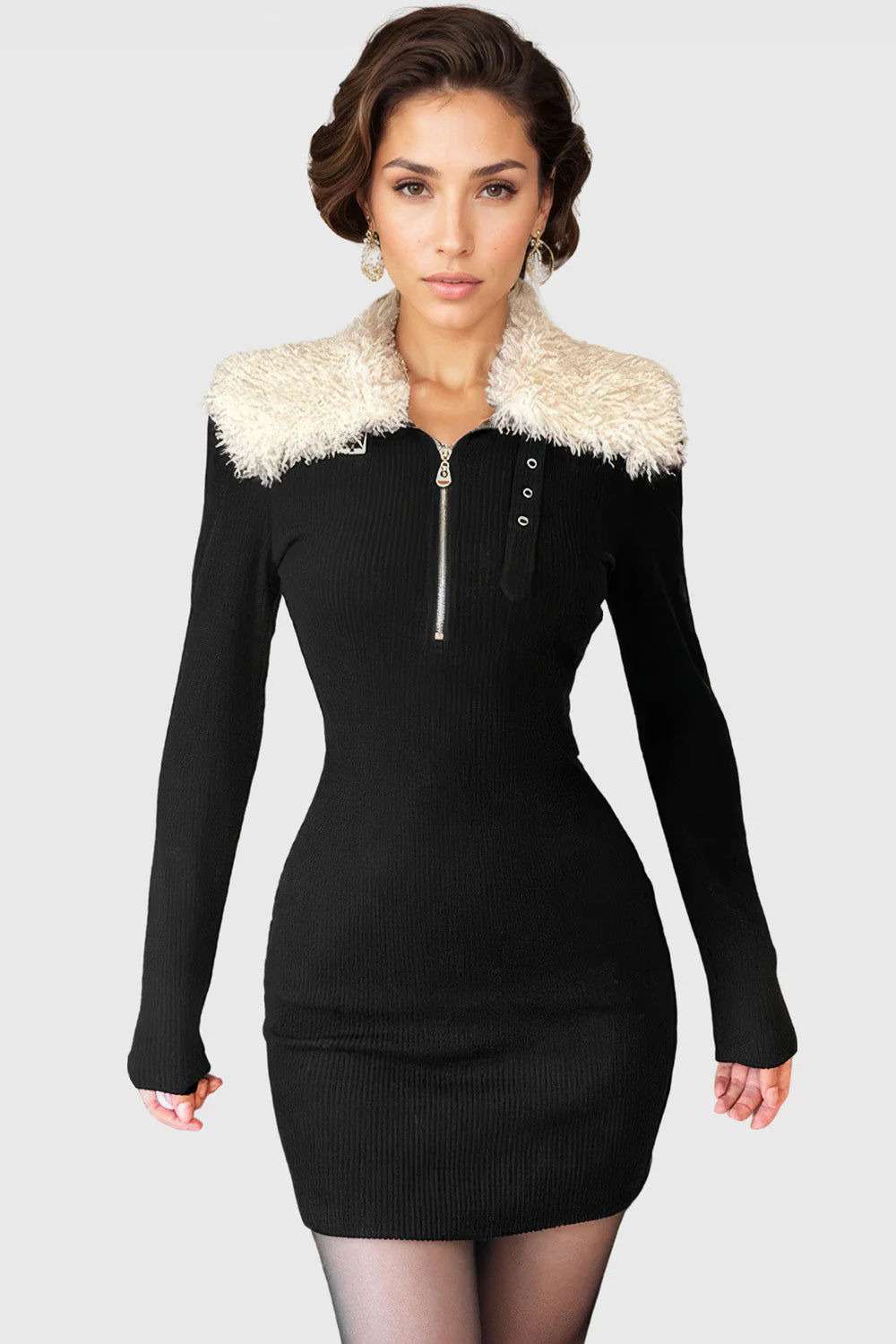 Knitted Short Dress with Fur Collar - Black - Image 3