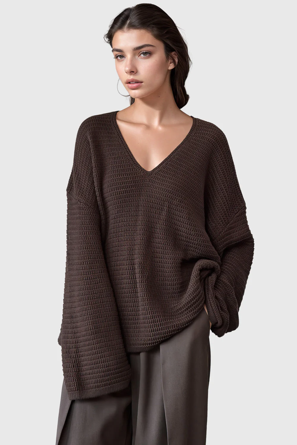 Knitted V Neckline Sweater - Brown - Image 3