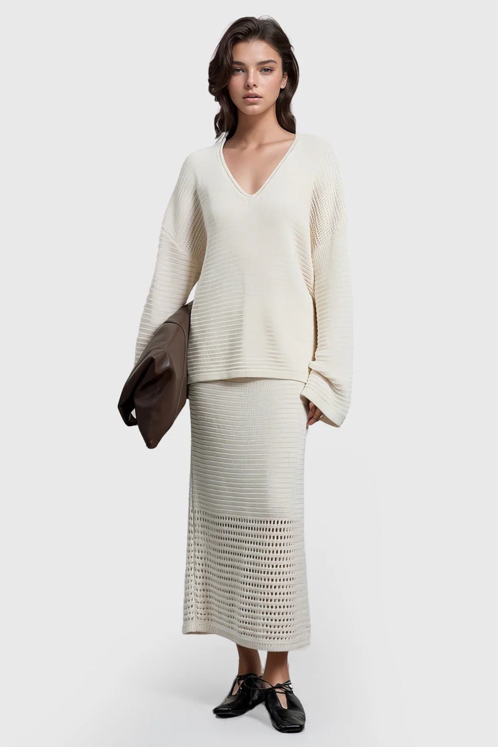 Knitted V Neckline Sweater - White - Image 2
