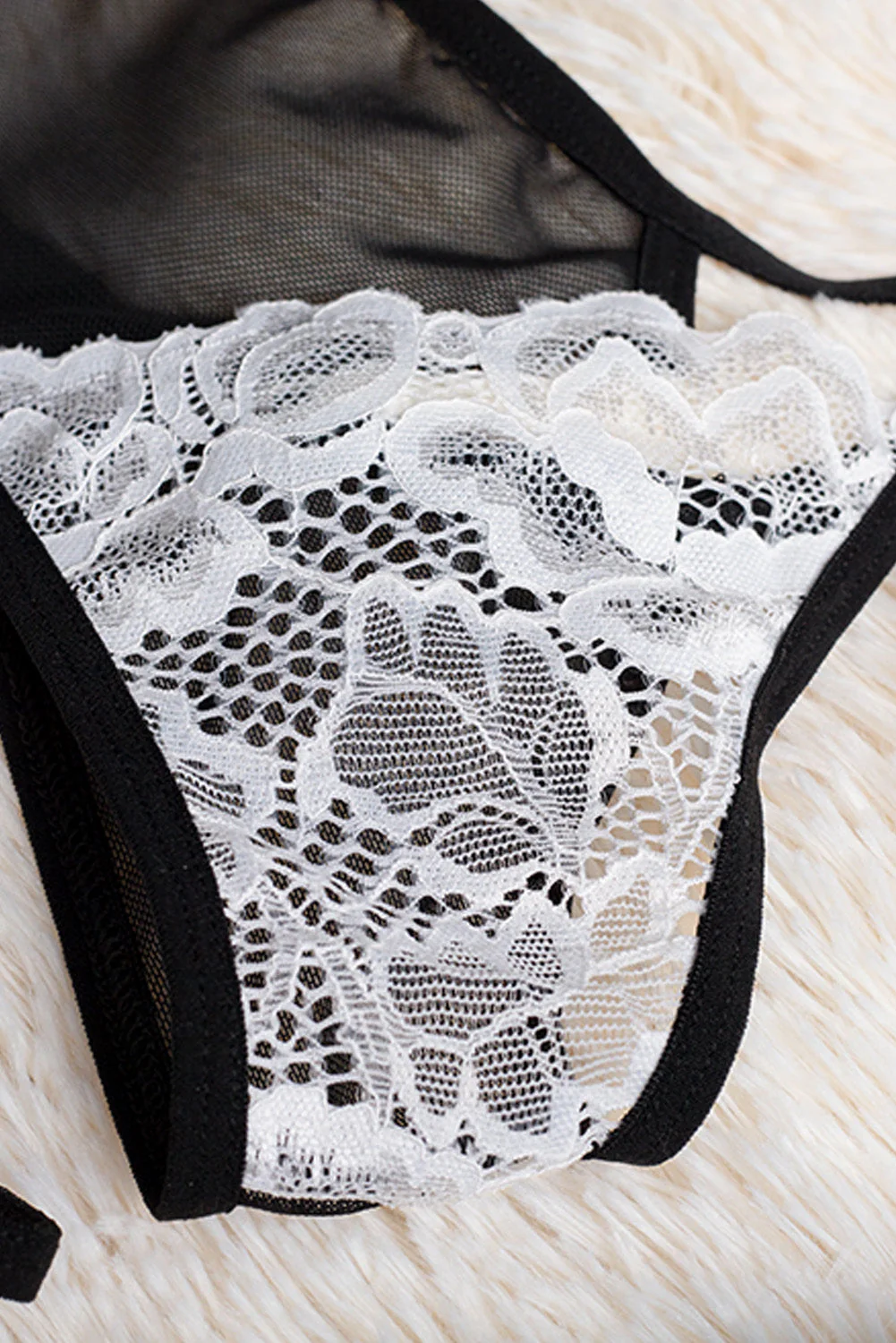 Lace Mesh Color Block Garter Belt Stocking With Thong - Image 14