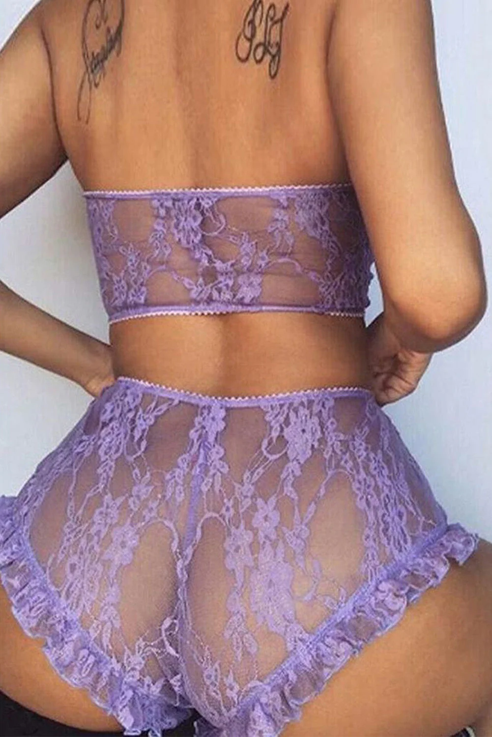 Lace Mesh Print Tube See Through Sleeveless Lingerie Set - Image 3