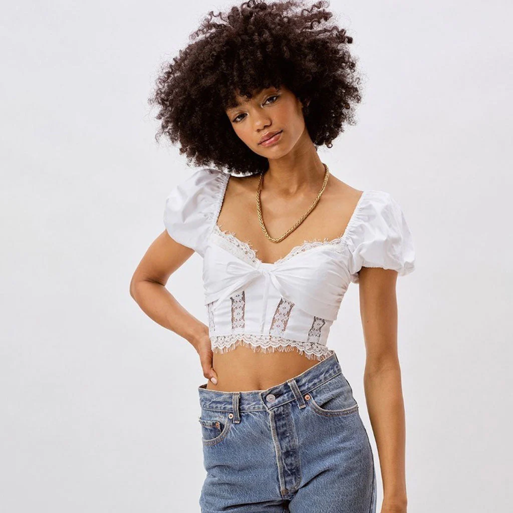 Lace Panel Smocked Back Tie Front Puff Sleeve Crop Top - White - Image 2