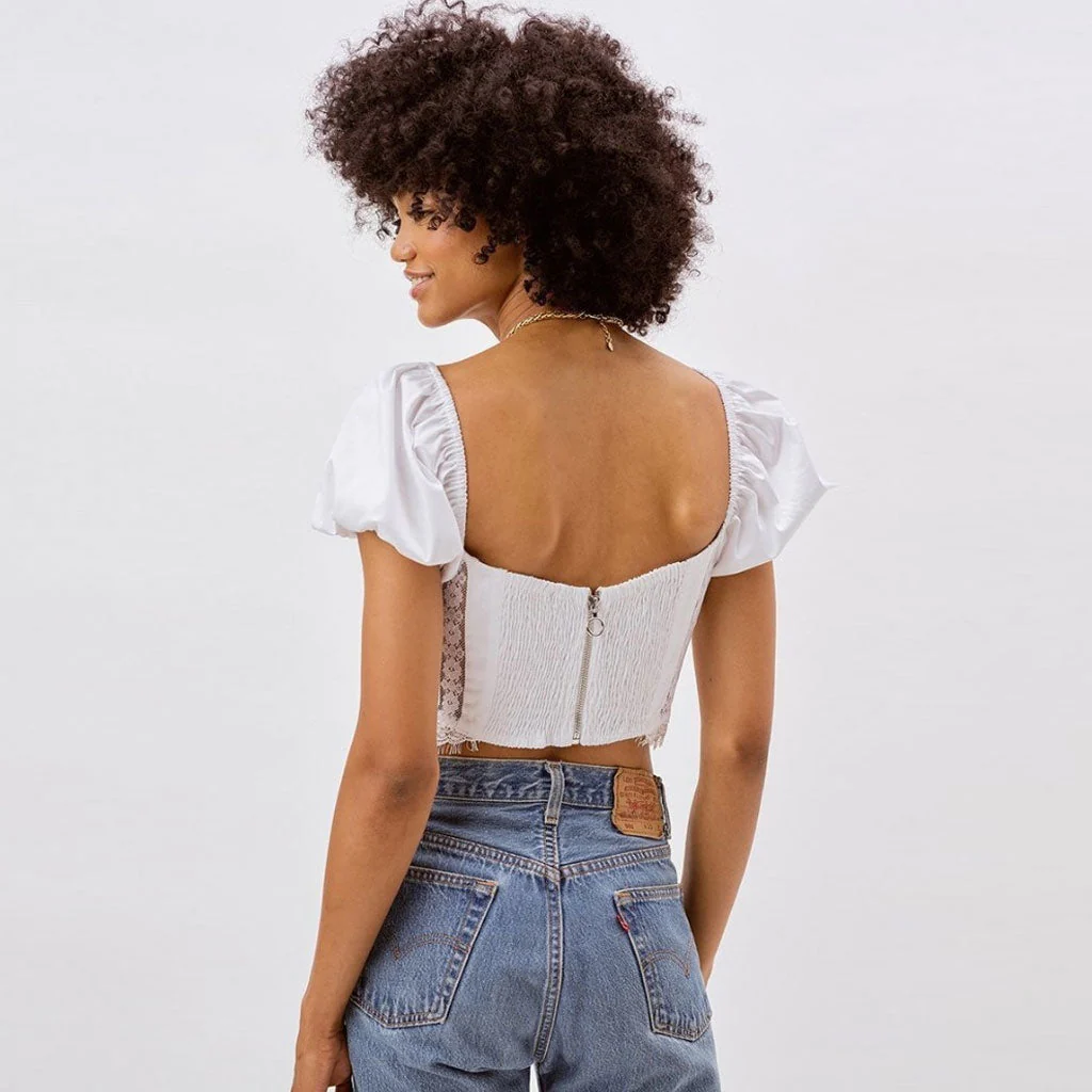 Lace Panel Smocked Back Tie Front Puff Sleeve Crop Top - White - Image 3