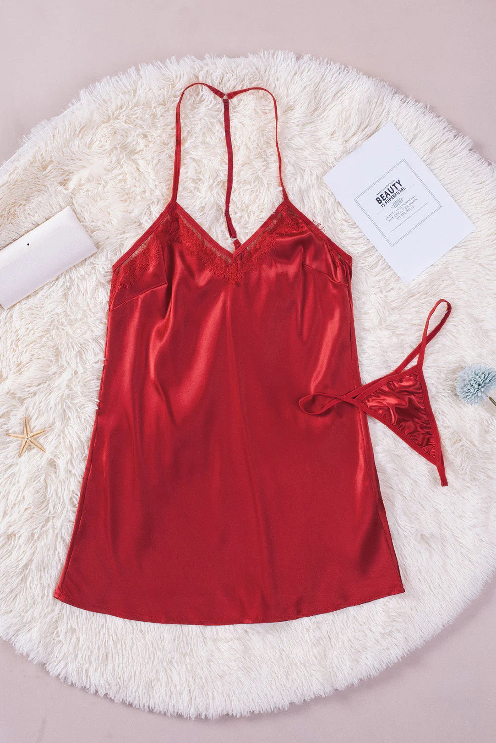 Lace Patchwork Halter V Neck Babydoll - Image 7