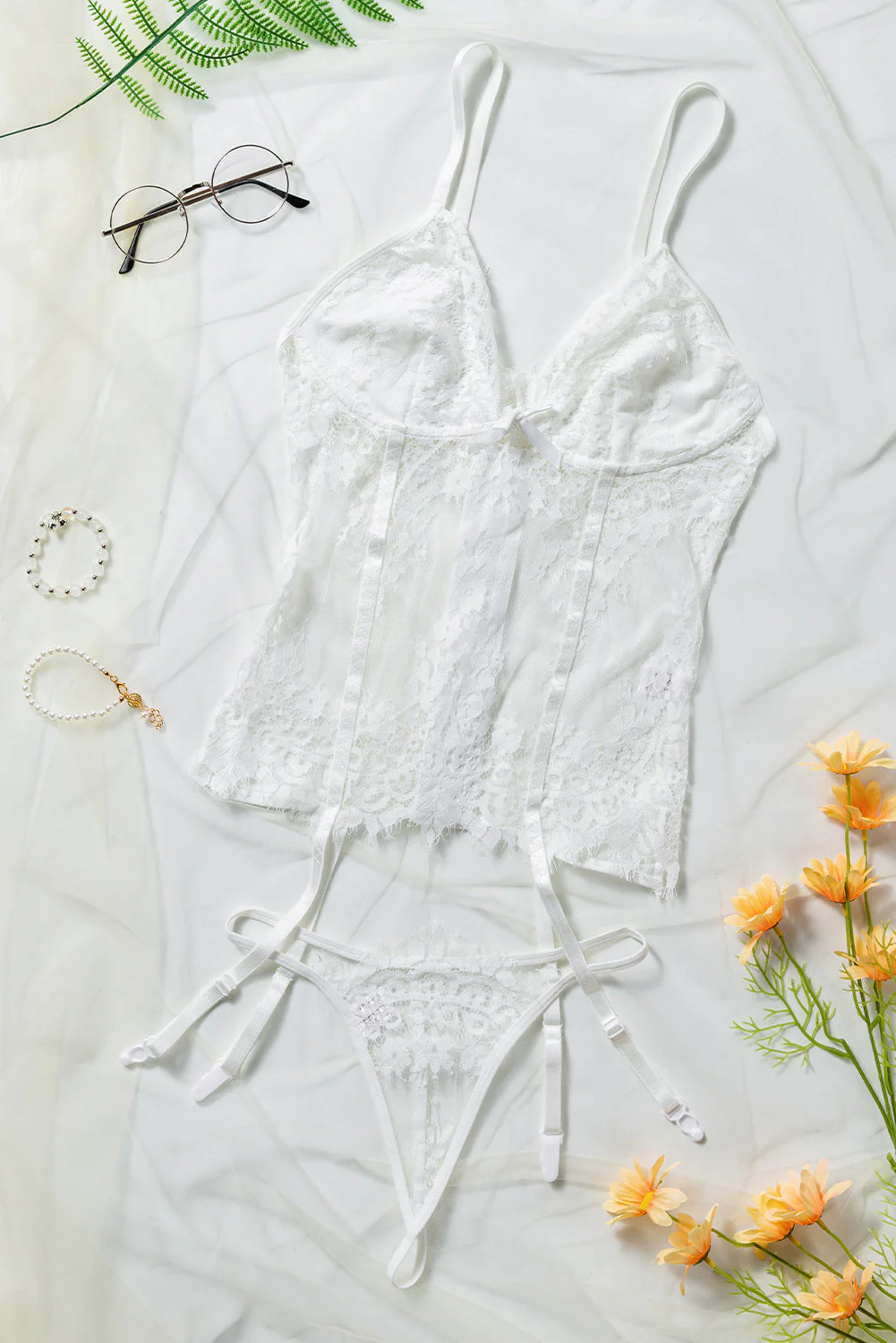 Lace Spaghetti Strap Two-Piece Lingerie Set With Garter Belt - Image 9