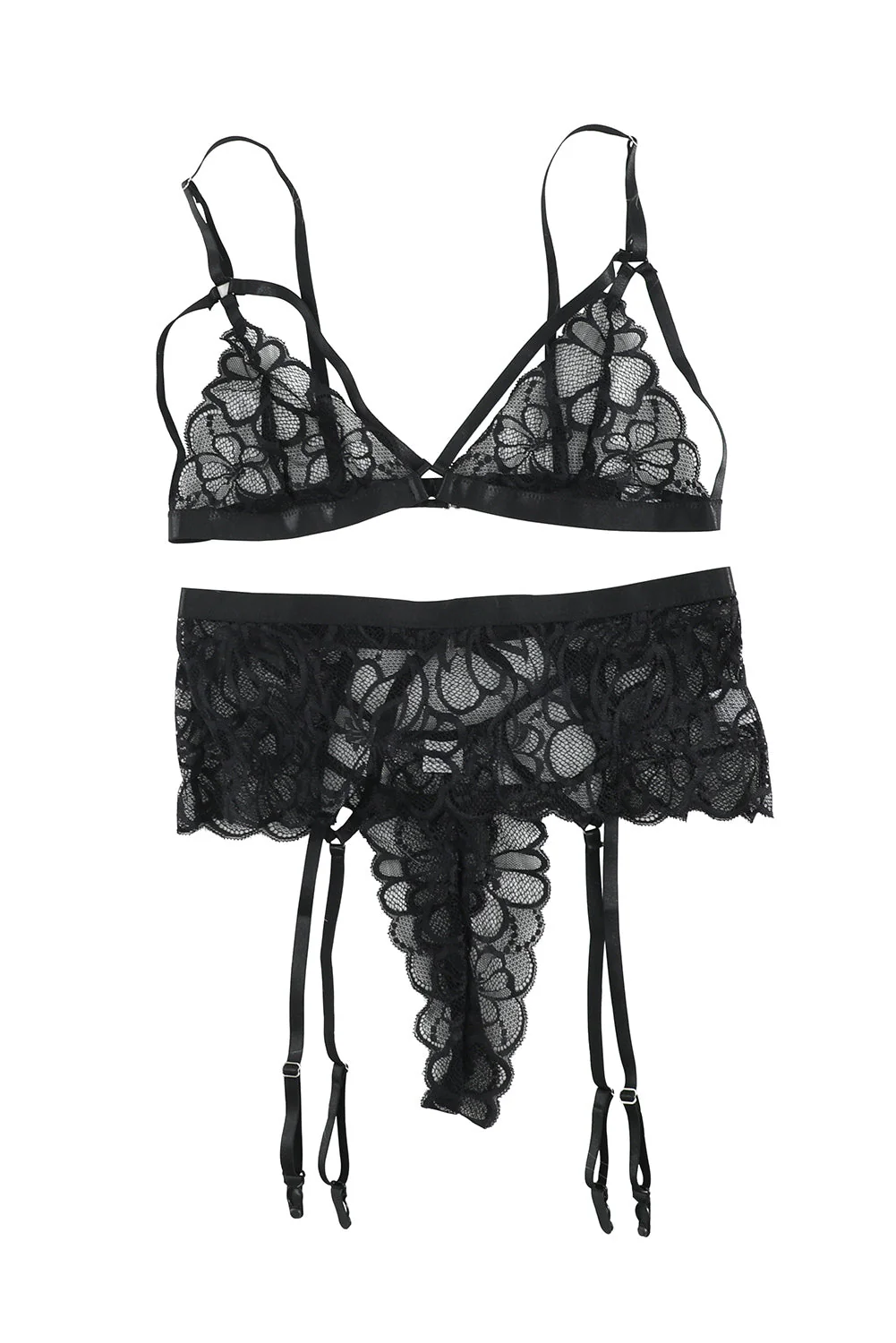 Lace Strappy 3Pcs Lingerie Set With Garter Belt - Image 13