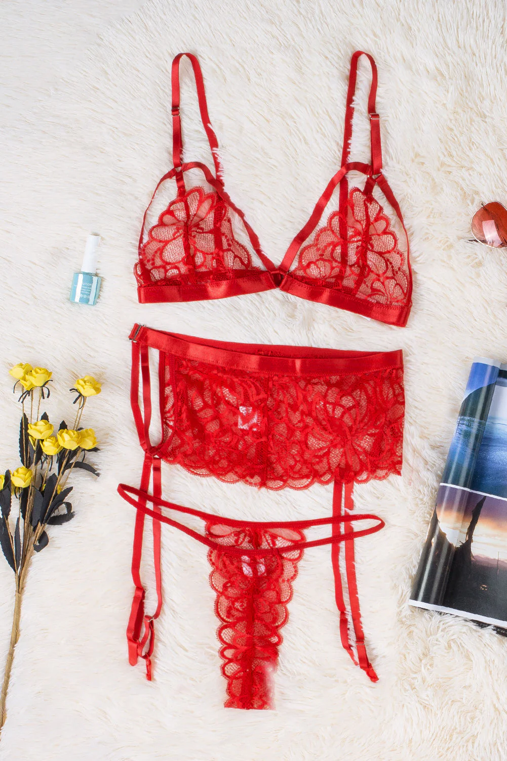 Lace Strappy 3Pcs Lingerie Set With Garter Belt - Image 20