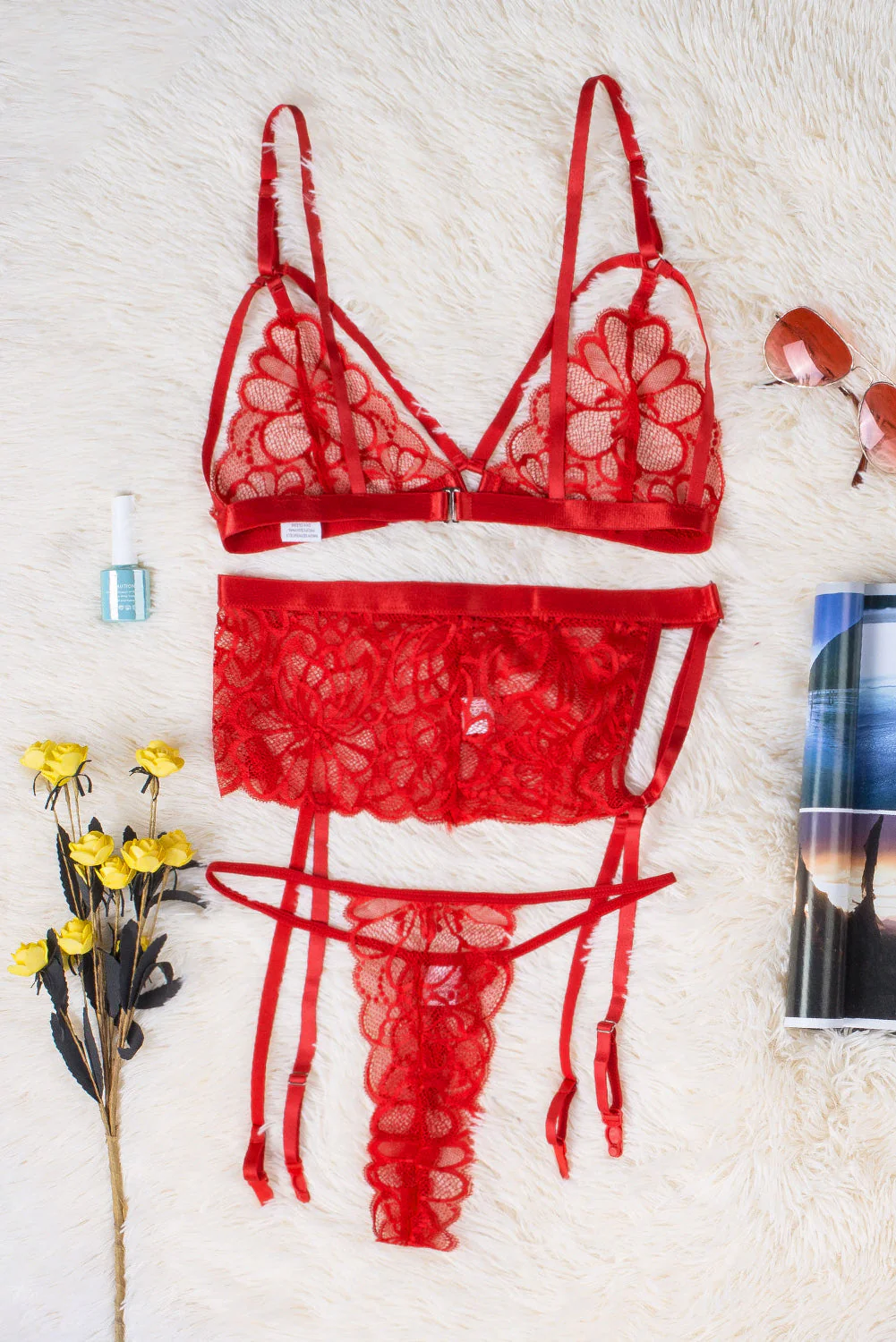 Lace Strappy 3Pcs Lingerie Set With Garter Belt - Image 21