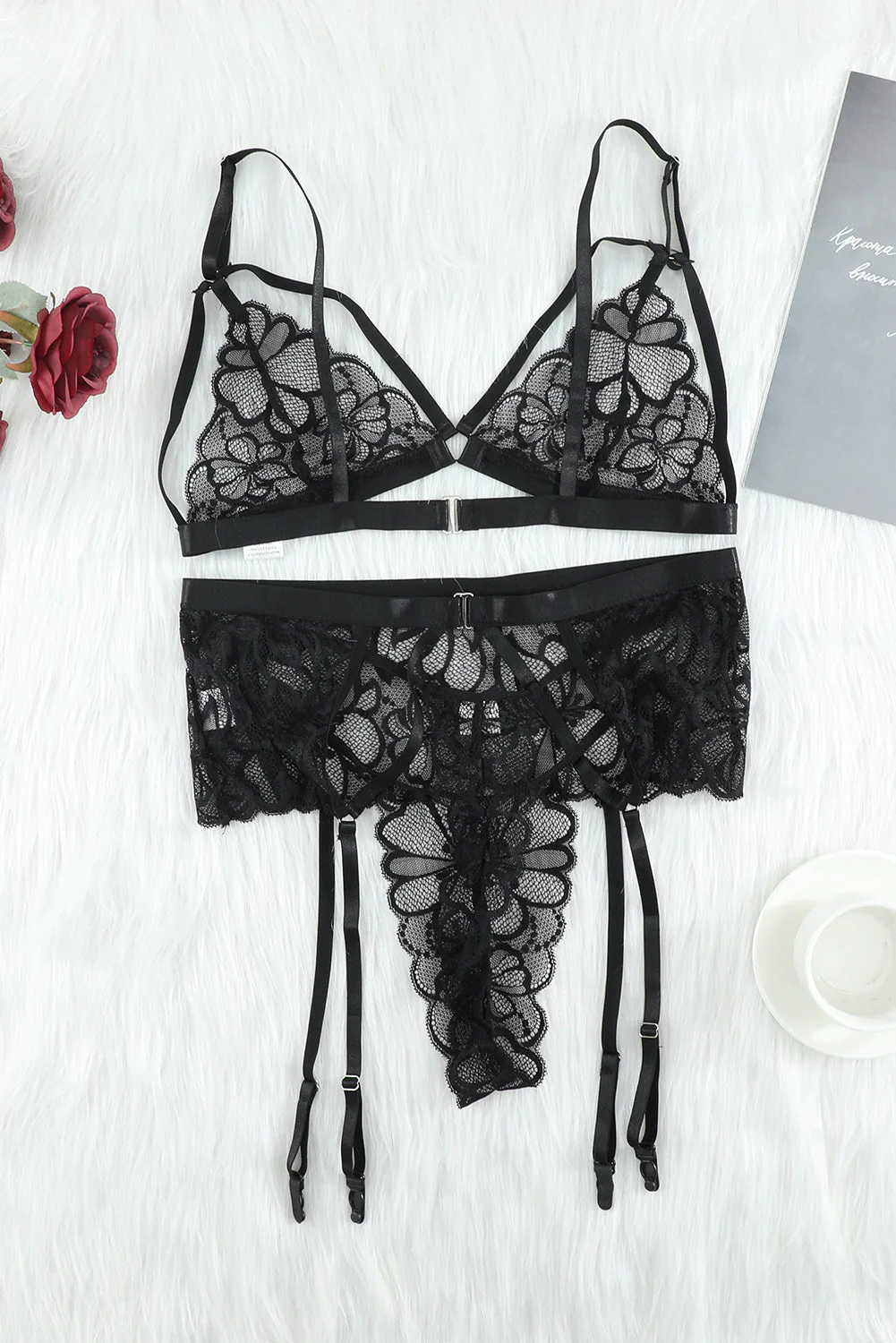 Lace Strappy 3Pcs Lingerie Set With Garter Belt - Image 7