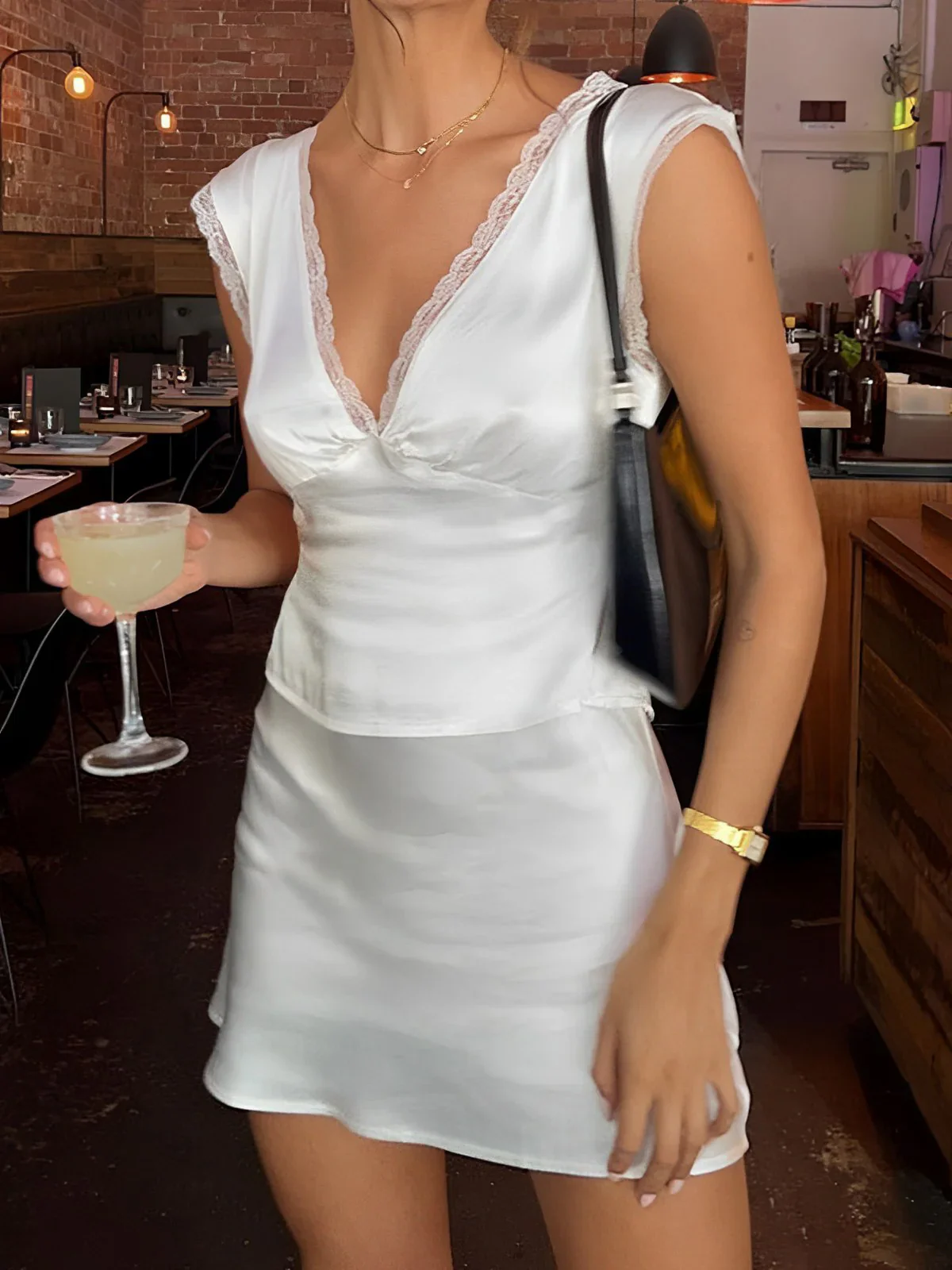 Lace Trim Satin Skirt Set - Image 2