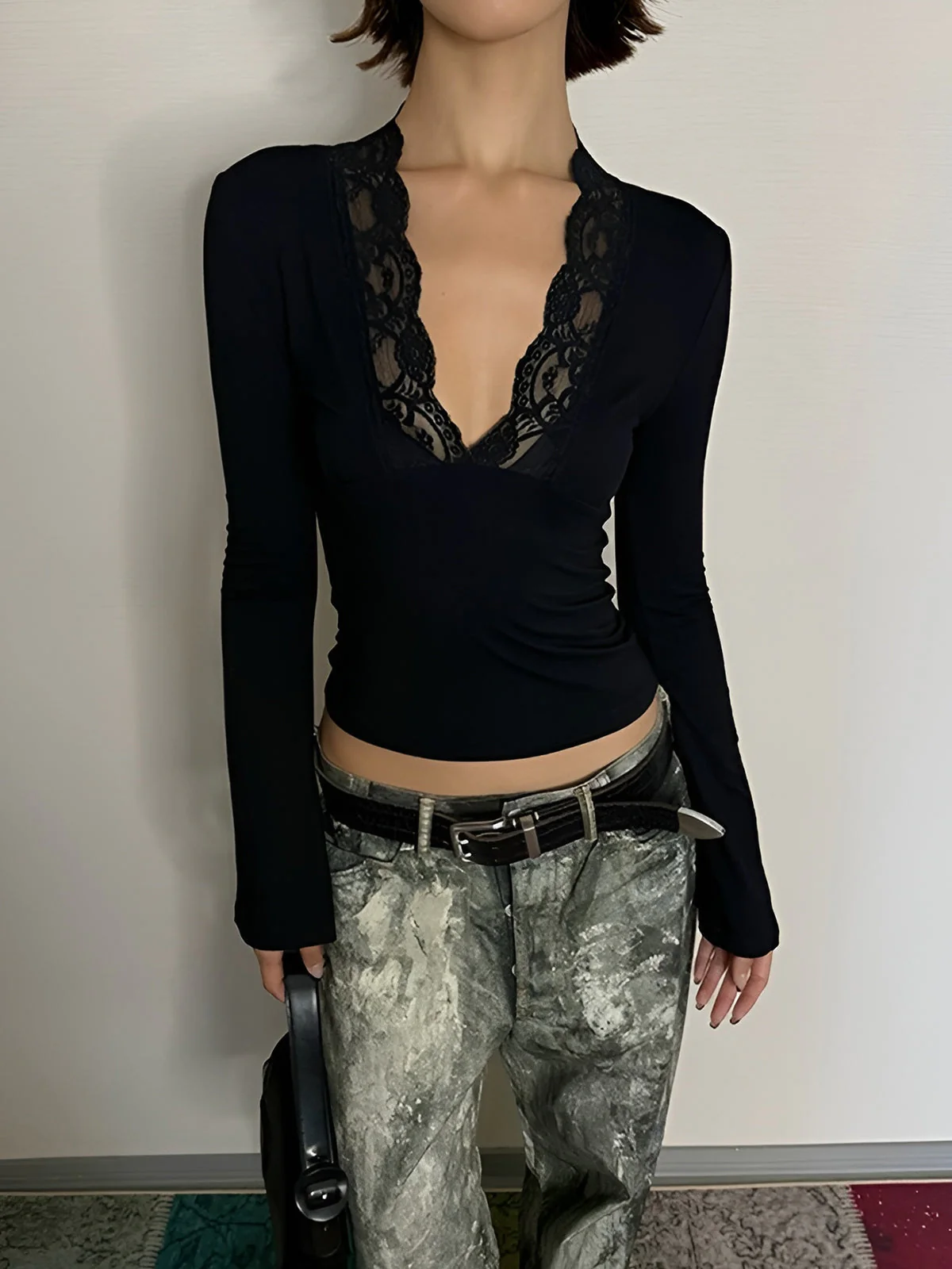 Lace Trim V-Neck T-Shirt - Image 2