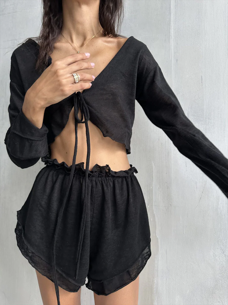 Lace-Up Rolled-Up Shorts Set - Image 2