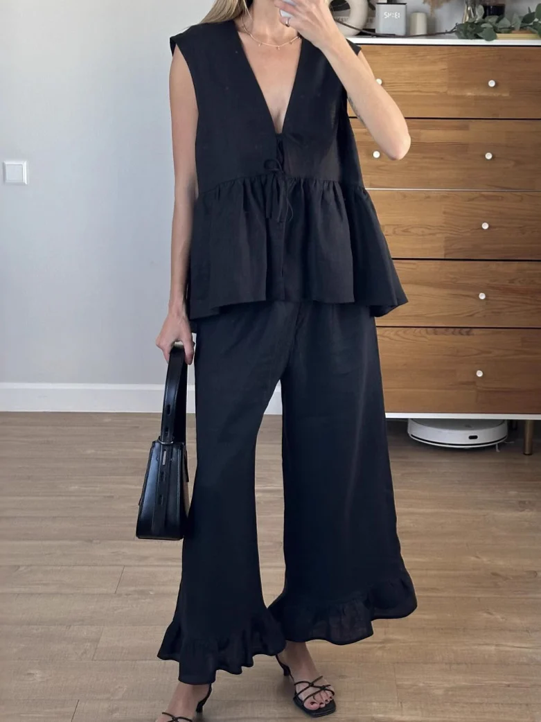 Lace-up Sleeveless Vest and Pants Set - Image 2