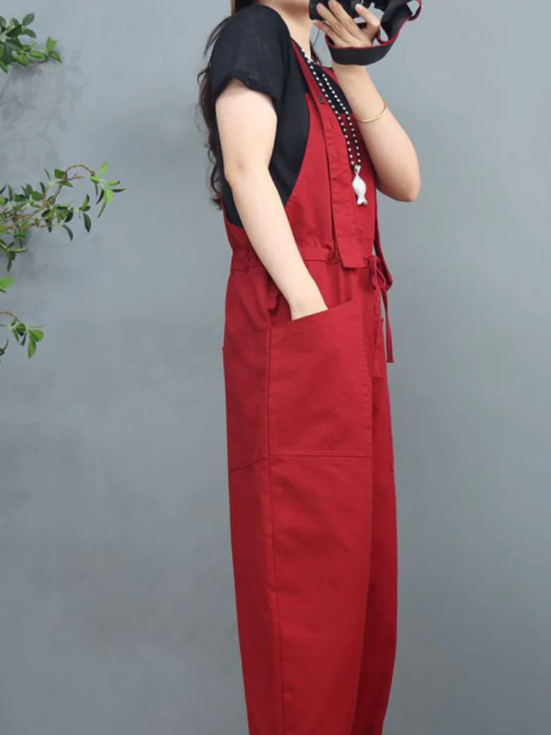 Waist Tie Belt Loose Wide-Leg Boho Pockets Overalls - Image 4