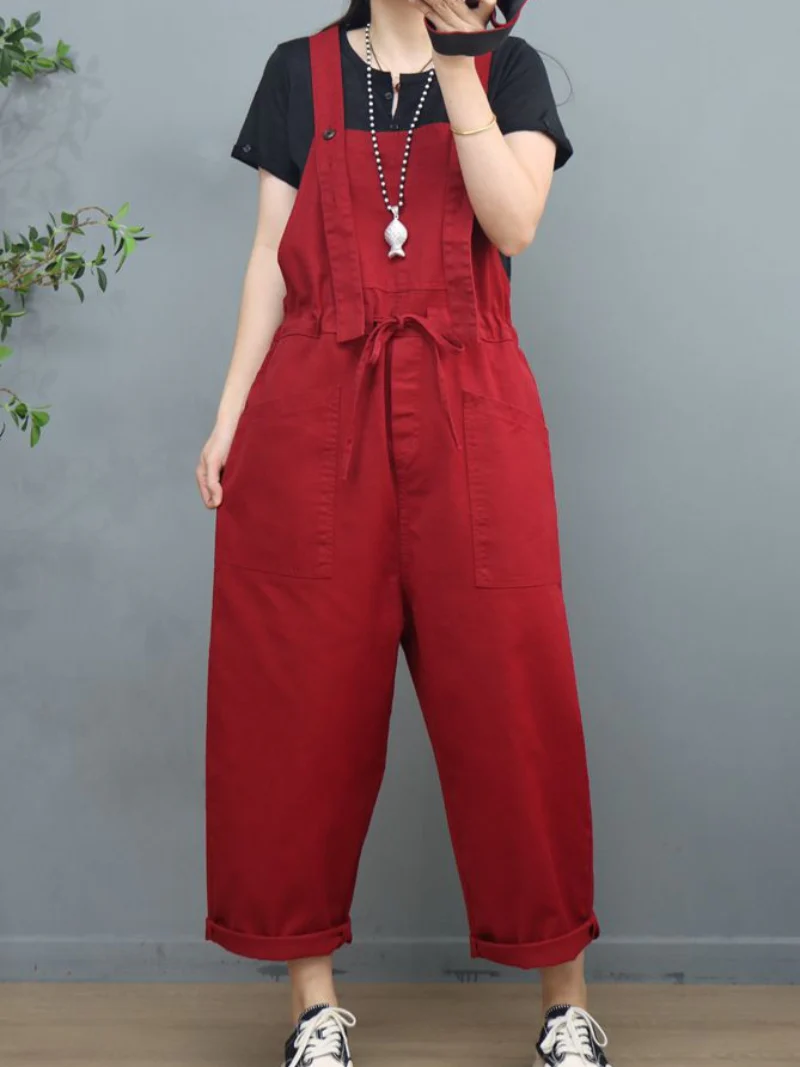 Waist Tie Belt Loose Wide-Leg Boho Pockets Overalls - Image 5