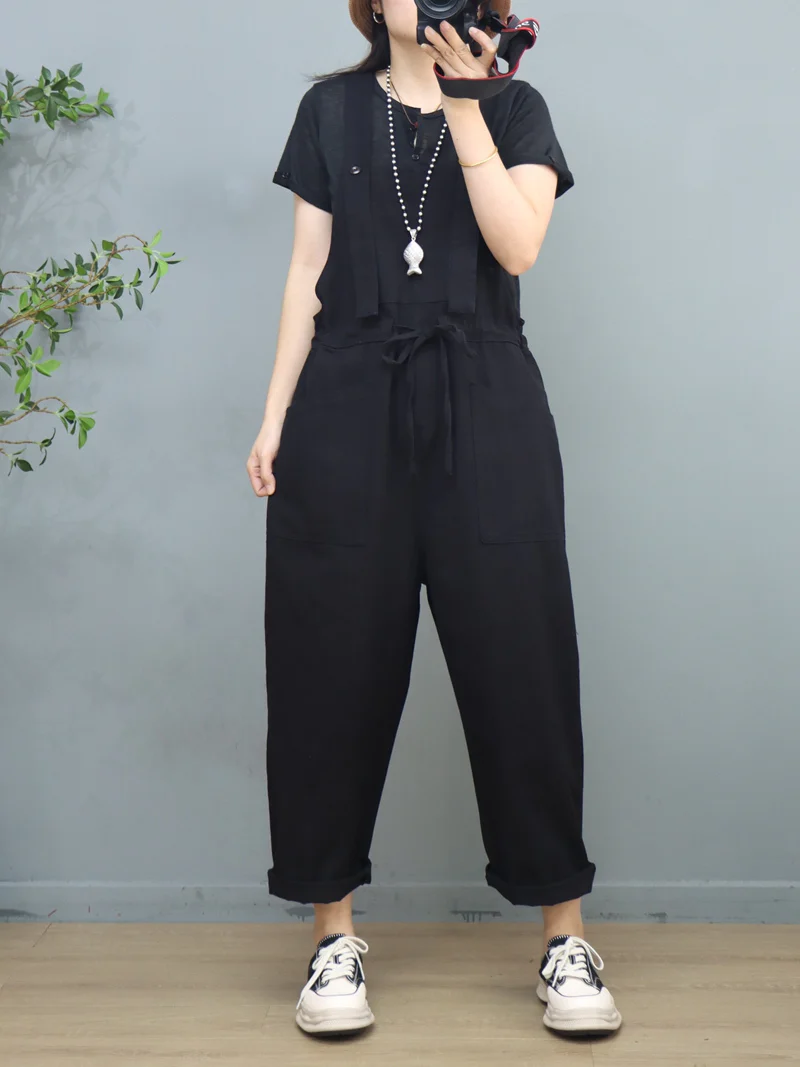 Waist Tie Belt Loose Wide-Leg Boho Pockets Overalls - Image 7
