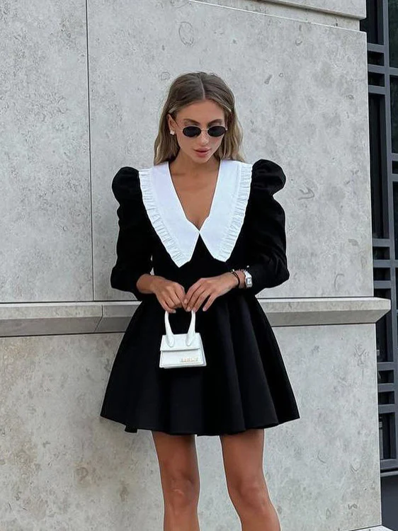 Lapel Color Clash Mini Dress - Image 4