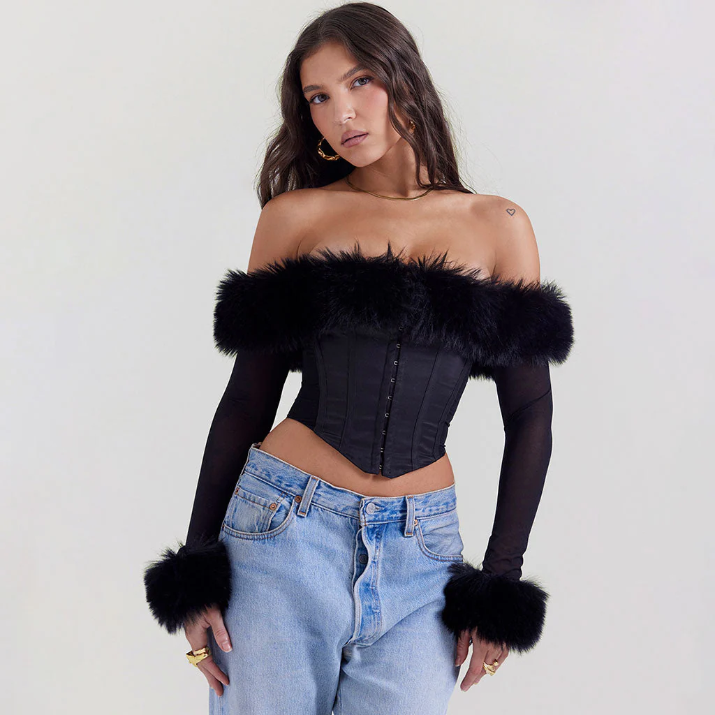 Lavish Faux Fur Trim Off The Shoulder Hook and Eye Long Sleeve Crop Corset Top - Image 2