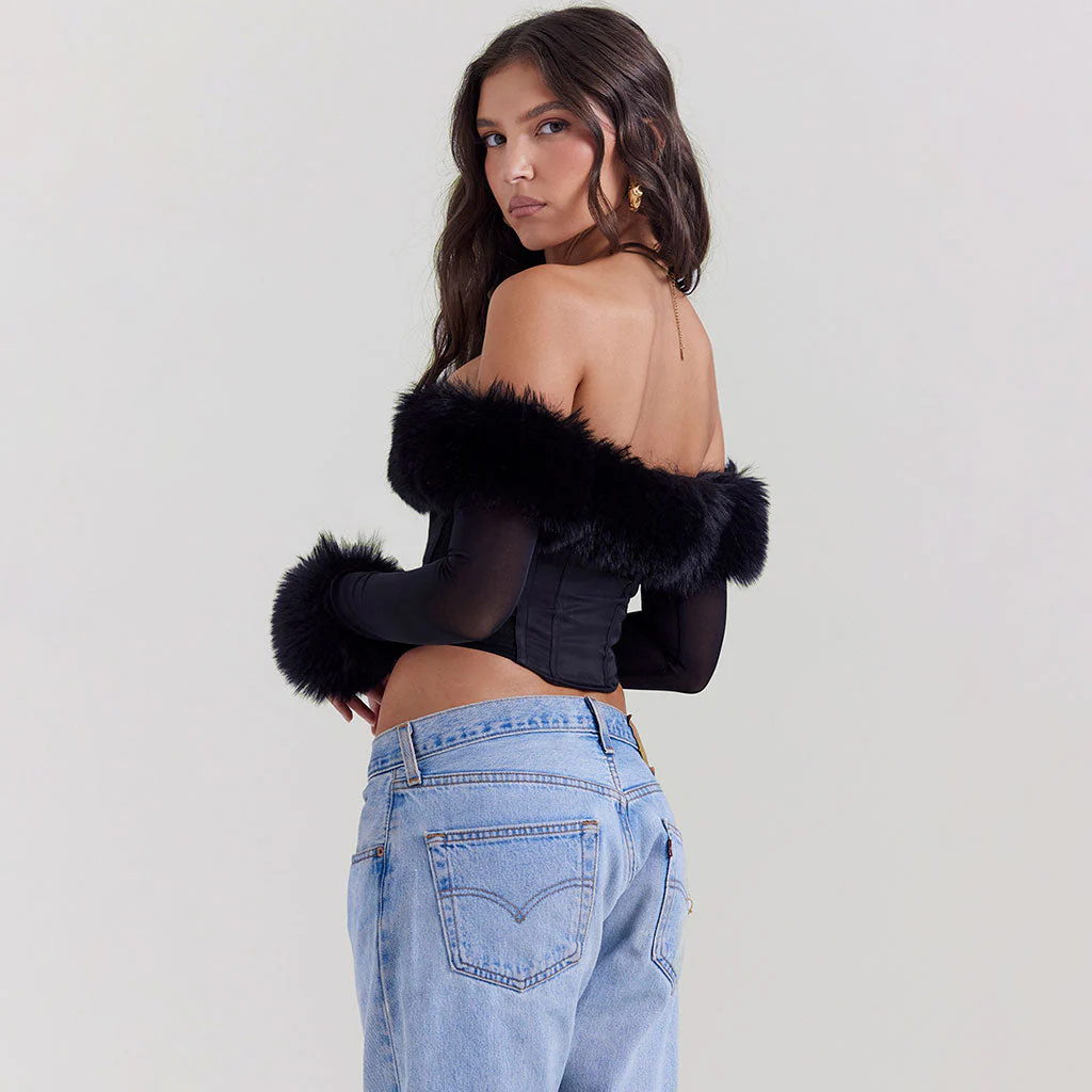 Lavish Faux Fur Trim Off The Shoulder Hook and Eye Long Sleeve Crop Corset Top - Image 4