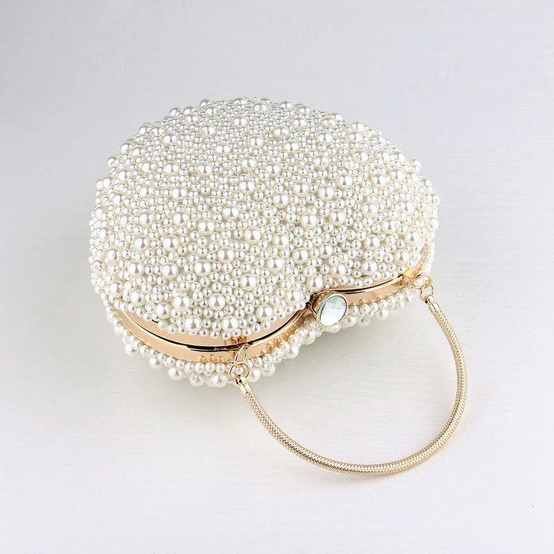 Lavish Faux Pearl Crystal Embellished Heart Shaped Handle Bag - Beige - Image 2