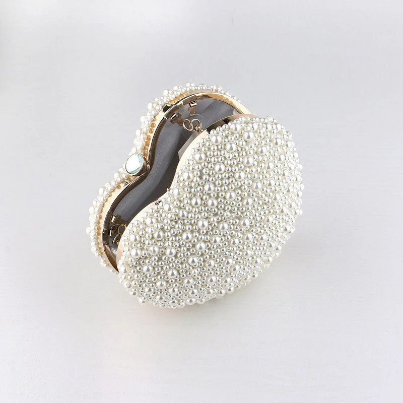 Lavish Faux Pearl Crystal Embellished Heart Shaped Handle Bag - Beige - Image 3