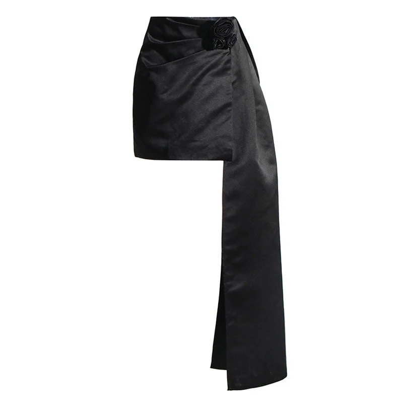 Lavish High Waisted Pleated Rosette Applique Draped Satin Bodycon Mini Skirt - Image 2