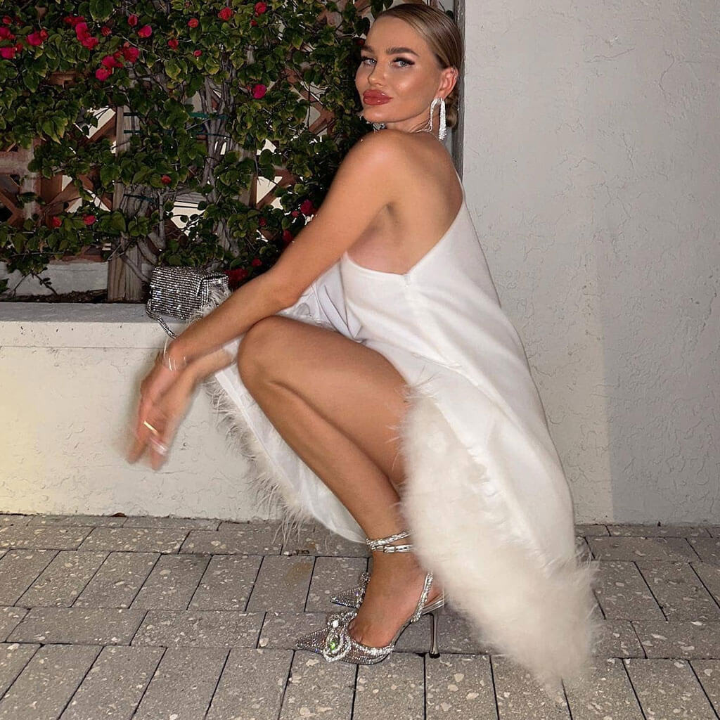 Lavish One Shoulder Cape Style A Line Layered Faux Feather Mini Dress - Image 7
