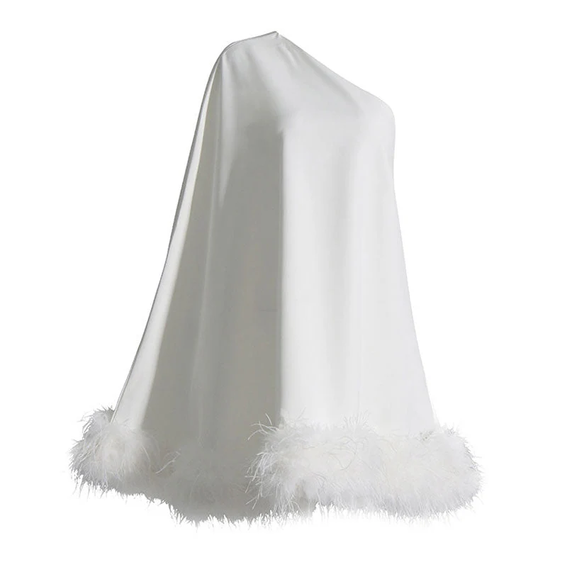 Lavish One Shoulder Cape Style A Line Layered Faux Feather Mini Dress - Image 8