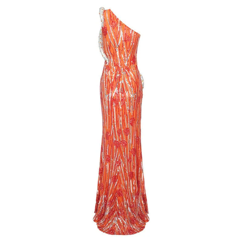 Lavish One Shoulder Rhinestone Detail Silver Snake Split Sequin Maxi Evening Dress - Image 5