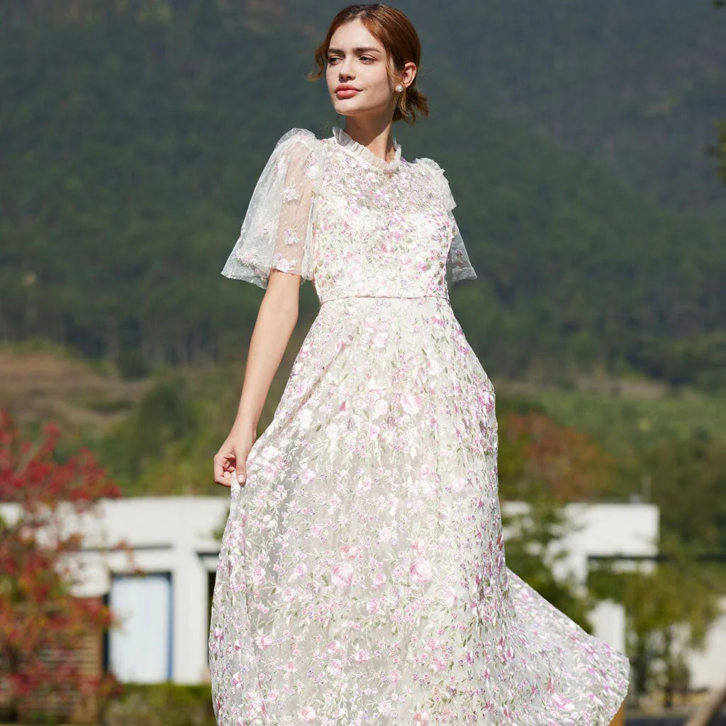 Lavish Short Sleeve Frill Neck A Line Summer Embroidered Floral Tulle Maxi Dress - Image 2