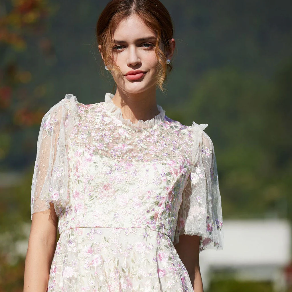 Lavish Short Sleeve Frill Neck A Line Summer Embroidered Floral Tulle Maxi Dress - Image 5