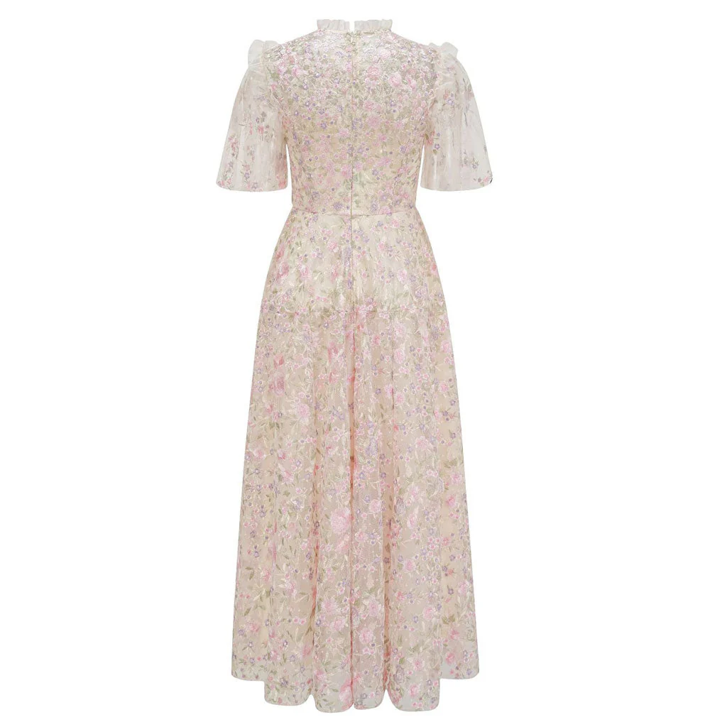 Lavish Short Sleeve Frill Neck A Line Summer Embroidered Floral Tulle Maxi Dress - Image 8
