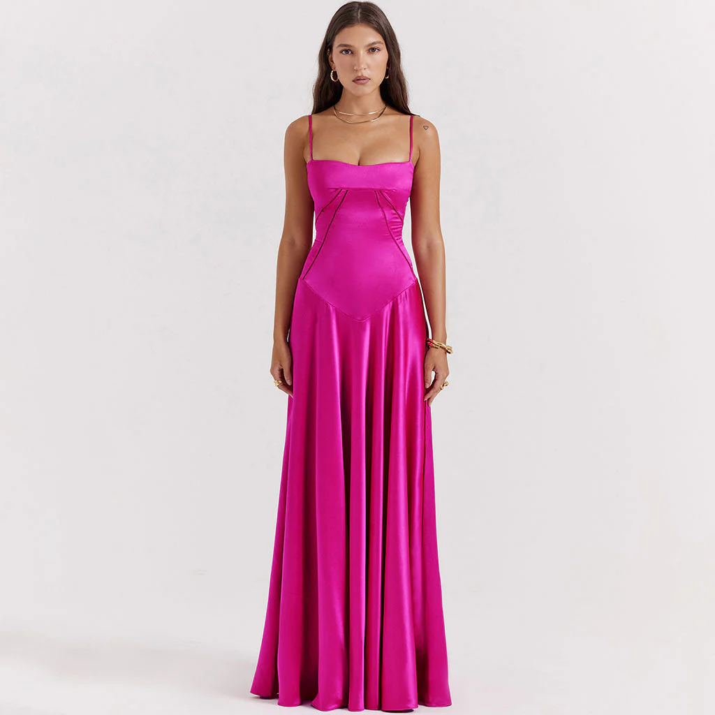 Lavish Square Neck Lace Up Back Drop Waist Flared Silky Satin Maxi Evening Dress - Image 3