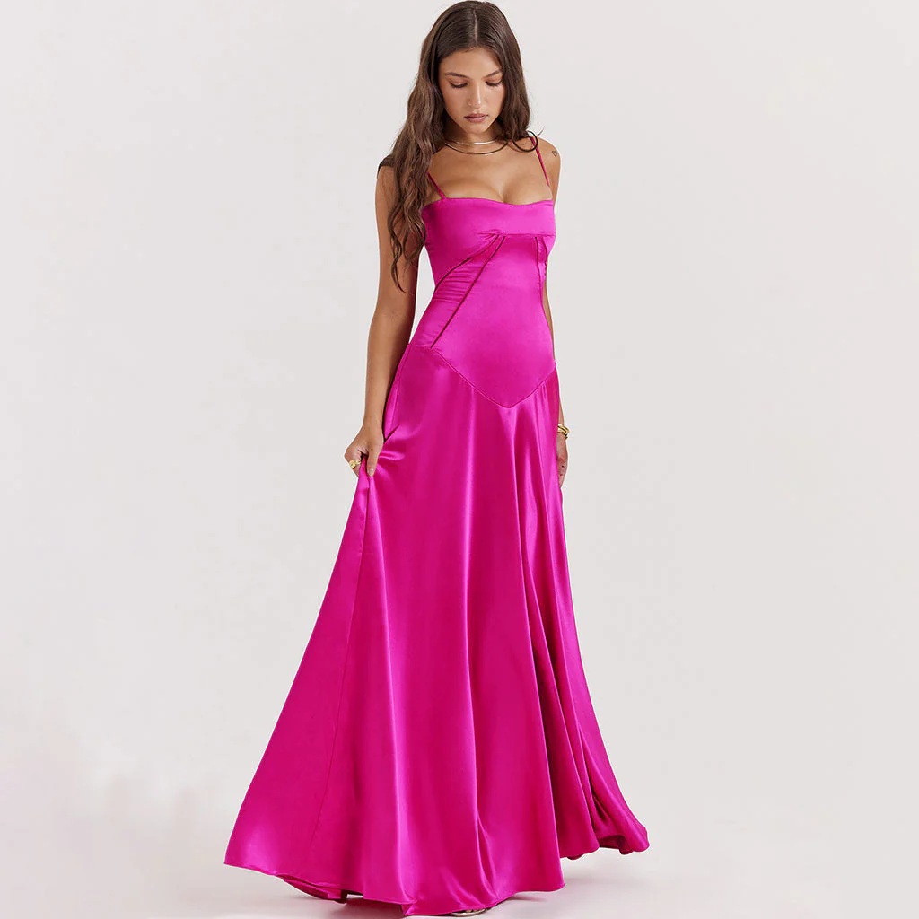 Lavish Square Neck Lace Up Back Drop Waist Flared Silky Satin Maxi Evening Dress - Image 4