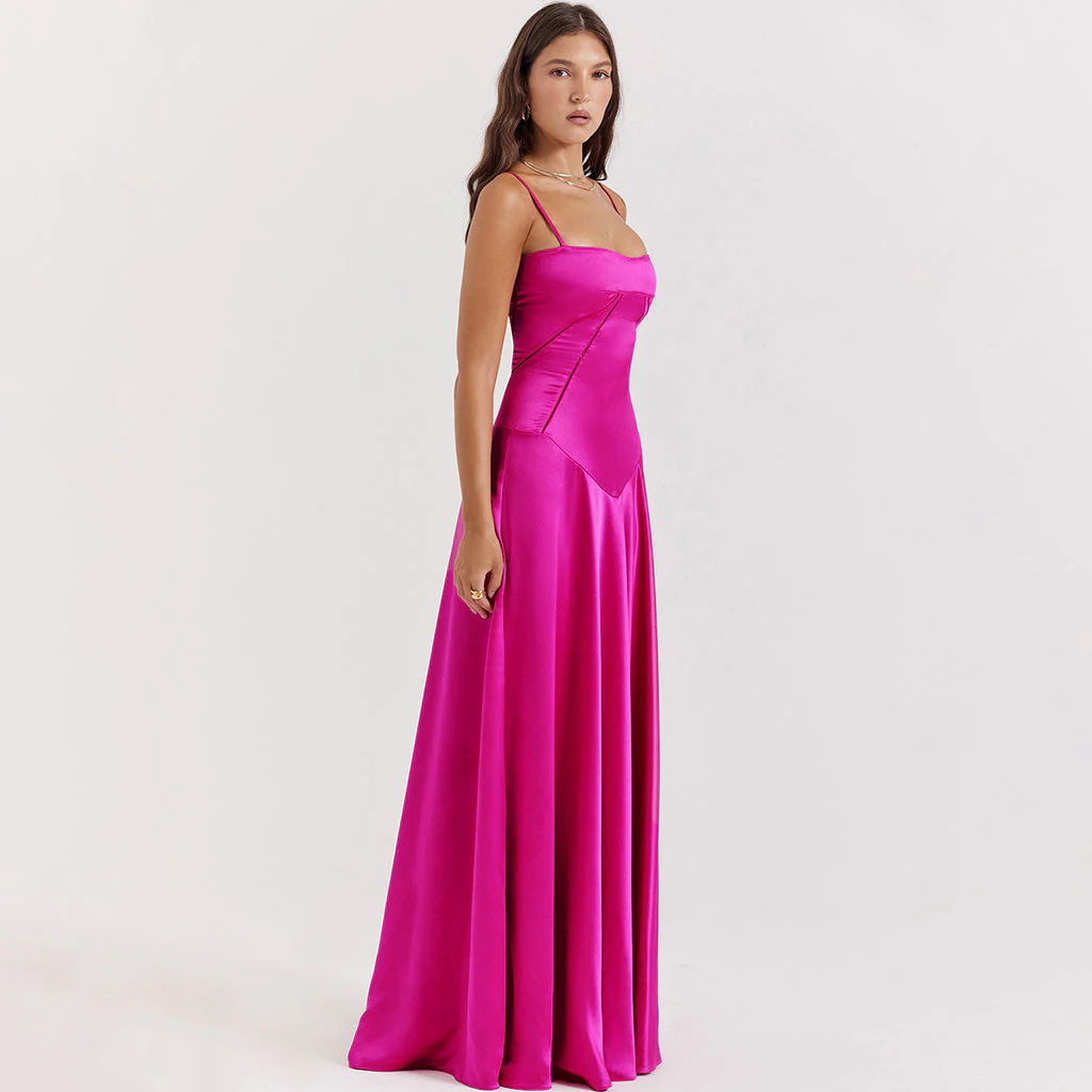 Lavish Square Neck Lace Up Back Drop Waist Flared Silky Satin Maxi Evening Dress - Image 5