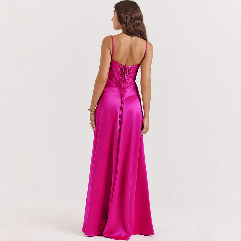 Lavish Square Neck Lace Up Back Drop Waist Flared Silky Satin Maxi Evening Dress - Image 6