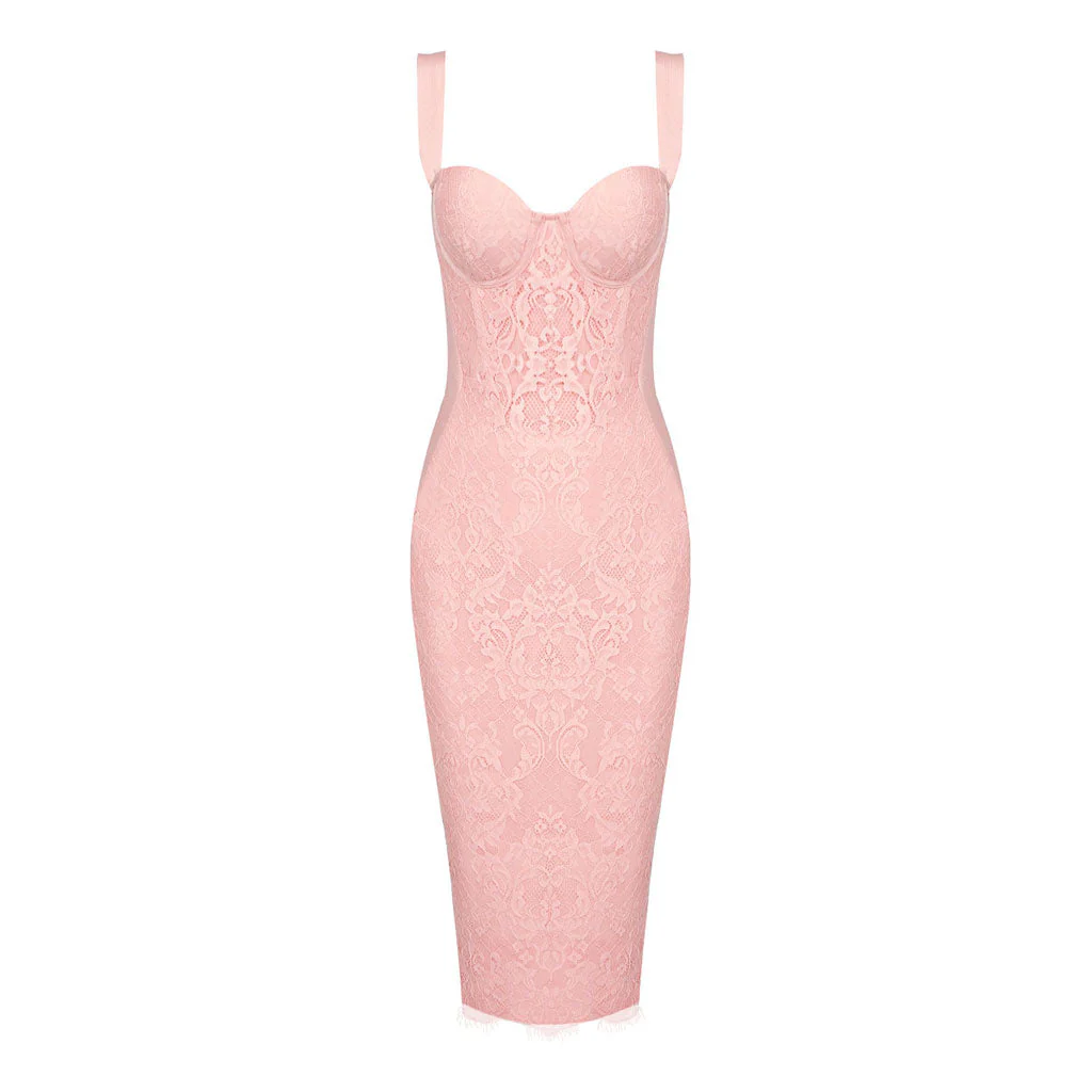 Lavish Sweetheart Neck Sleeveless Bodycon Lace Bandage Cocktail Midi Dress - Image 5