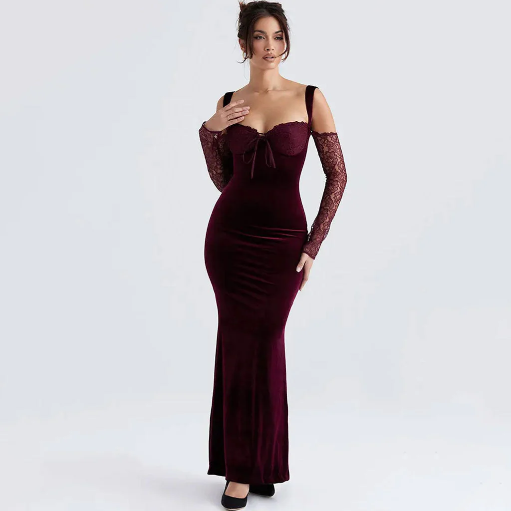 Lavish Velvet Lace Tie Front Cold Shoulder Long Sleeve Fishtail Maxi Dress - Image 2