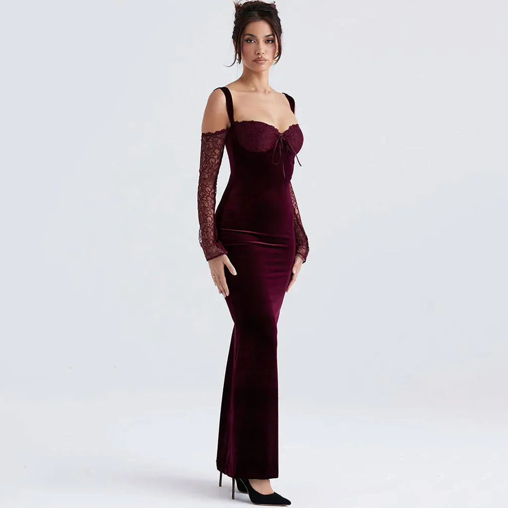 Lavish Velvet Lace Tie Front Cold Shoulder Long Sleeve Fishtail Maxi Dress - Image 3