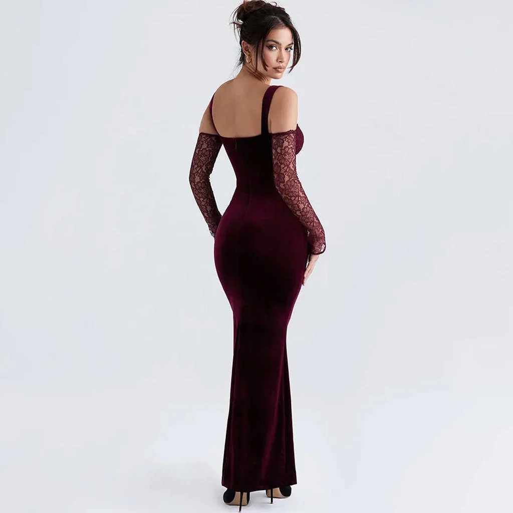 Lavish Velvet Lace Tie Front Cold Shoulder Long Sleeve Fishtail Maxi Dress - Image 4
